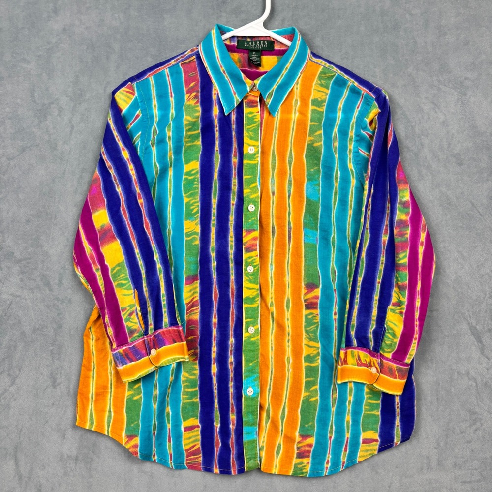 Lauren Ralph Lauren Petite Multi Color Tie Dye Stripe Cotton Button Down Shirt